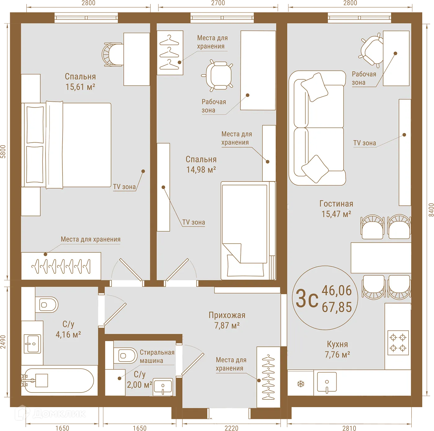 Планировка 3-комнатной квартиры 67.85 м² в ЖК THE PRIME, г. Уфа — фото 1