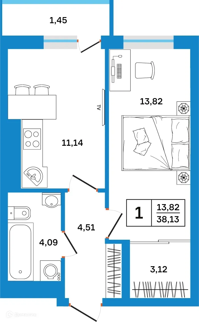 Планировка 1-комнатной квартиры 38.13 м² в ЖК Некрасовский, г. Уфа — фото 1