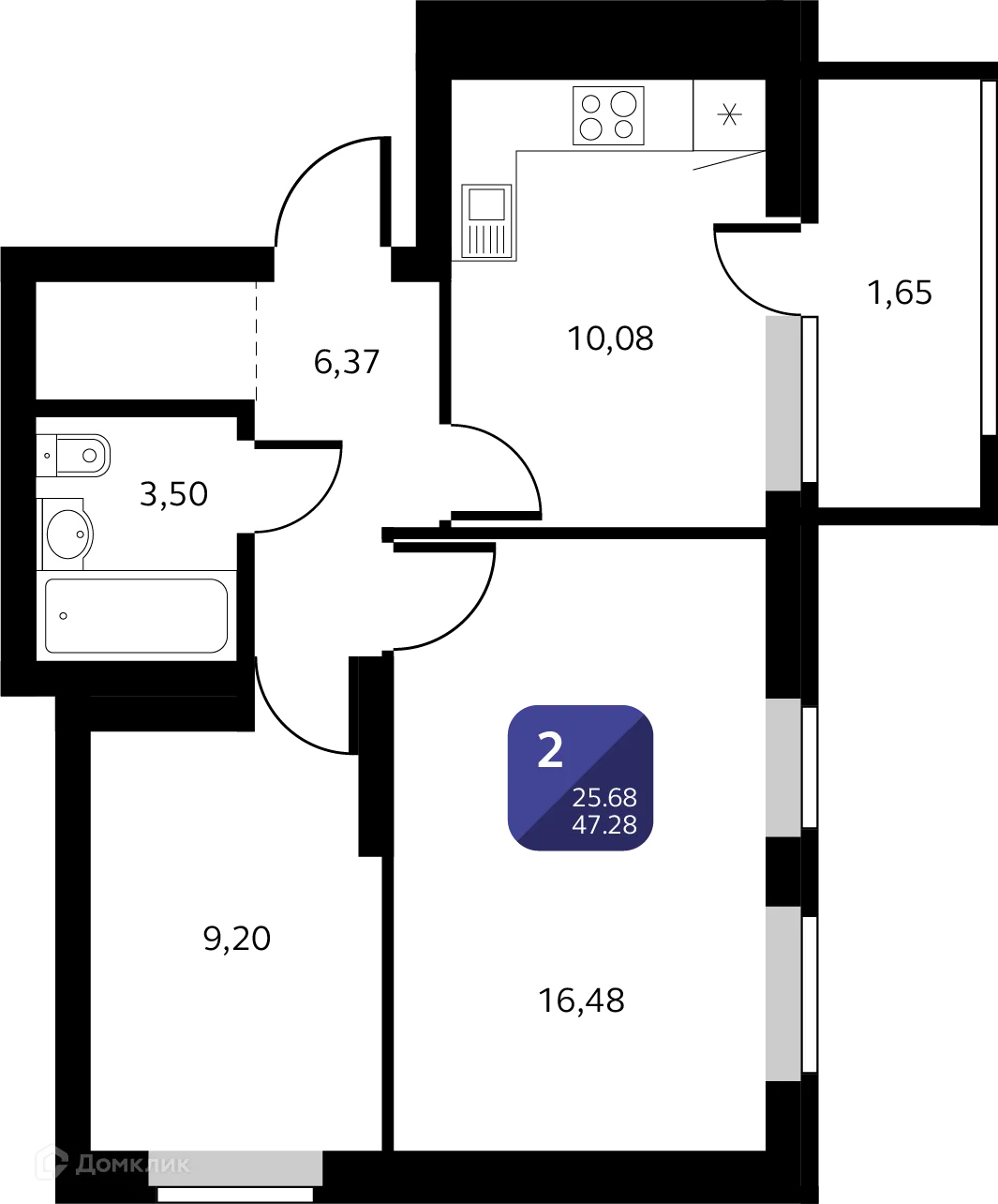 Планировка 2-комнатной квартиры 47.28 м² в ЖК Черника, г. Уфа — фото 1