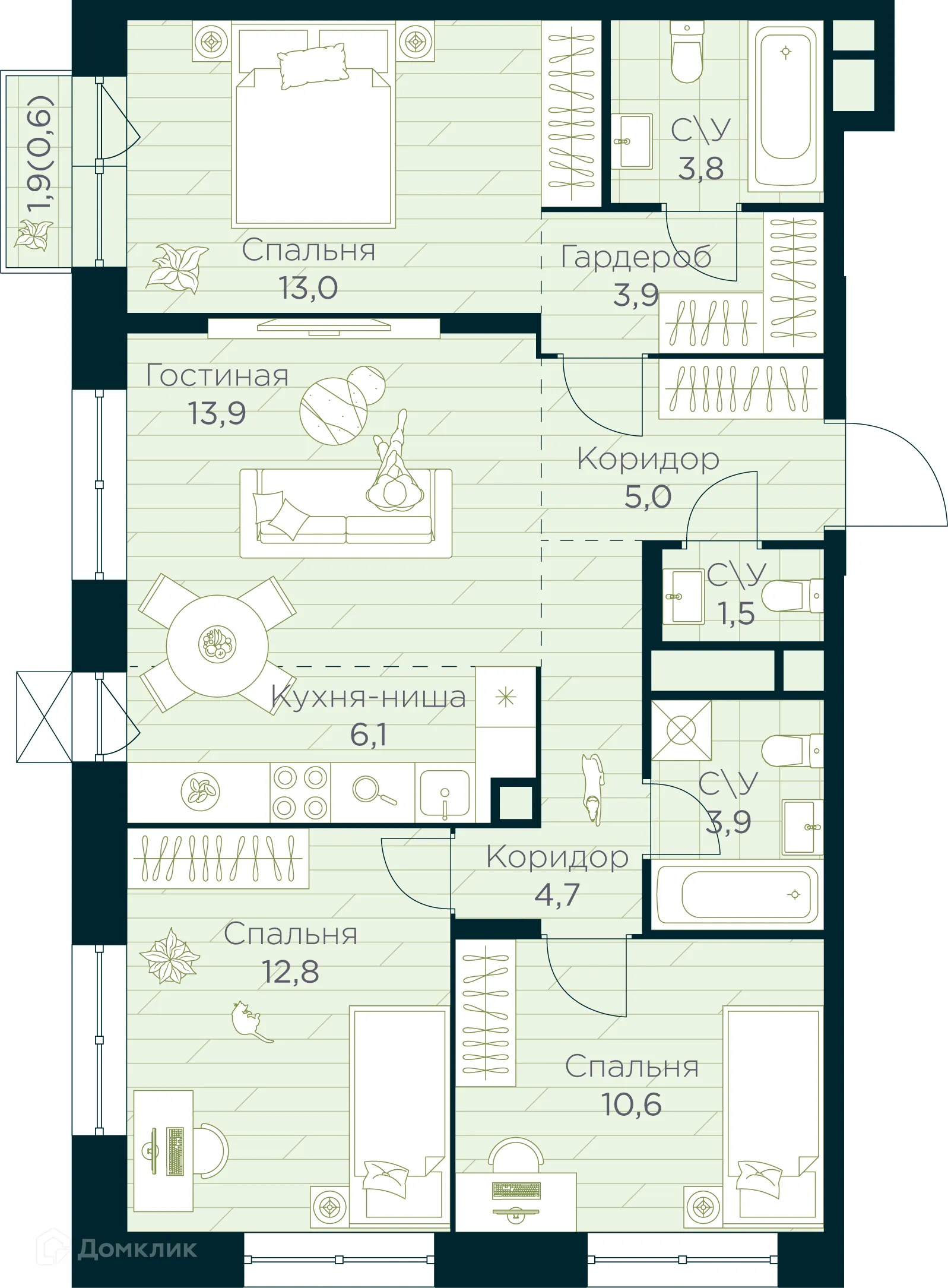 Планировка 4-комнатной квартиры 79.8 м² в ЖК URMAN Сity (Урман Сити), г. Уфа — фото 1