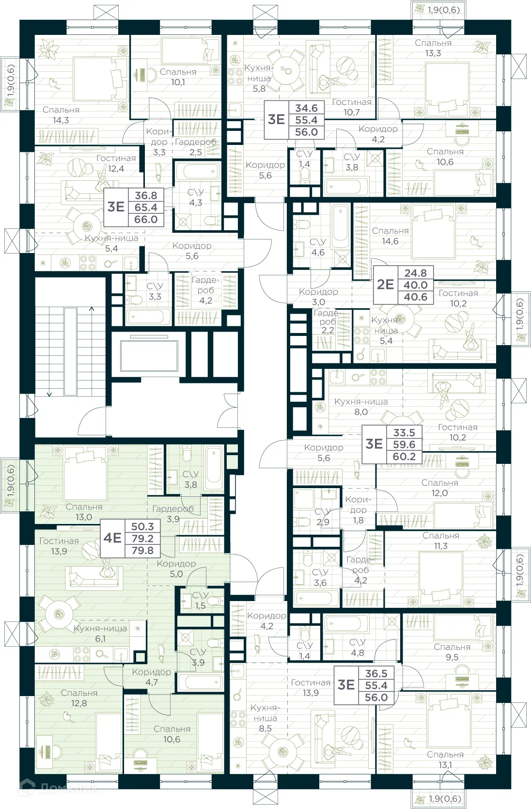 Планировка 4-комнатной квартиры 79.8 м² в ЖК URMAN Сity (Урман Сити), г. Уфа — фото 2