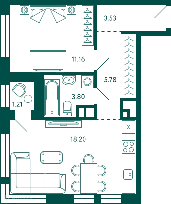 Планировка 1-комнатной квартиры 43.08 м² в ЖК Terle park (Терле Парк), г. Уфа — фото 1