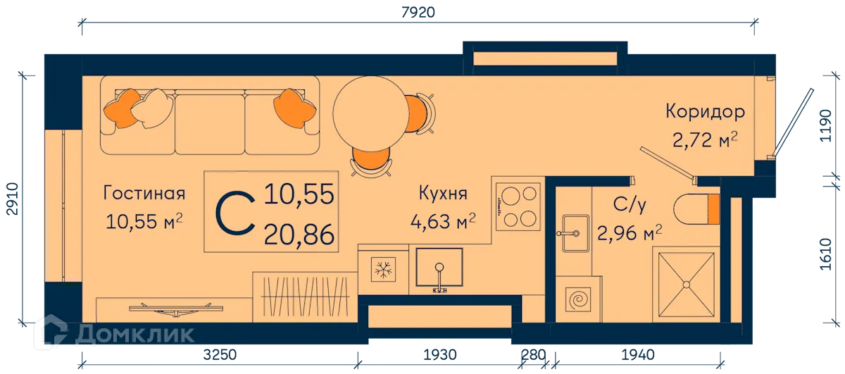 Планировка студии квартиры 20.86 м² в ЖК РИВЕР, г. Уфа — фото 1