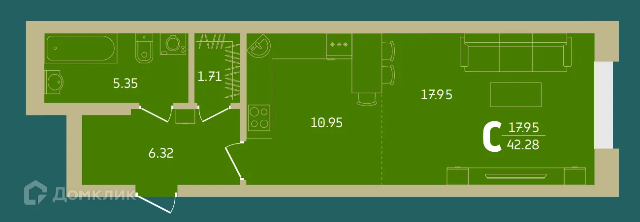 Планировка студии квартиры 42.28 м² в Централ парк, г. Уфа — фото 1