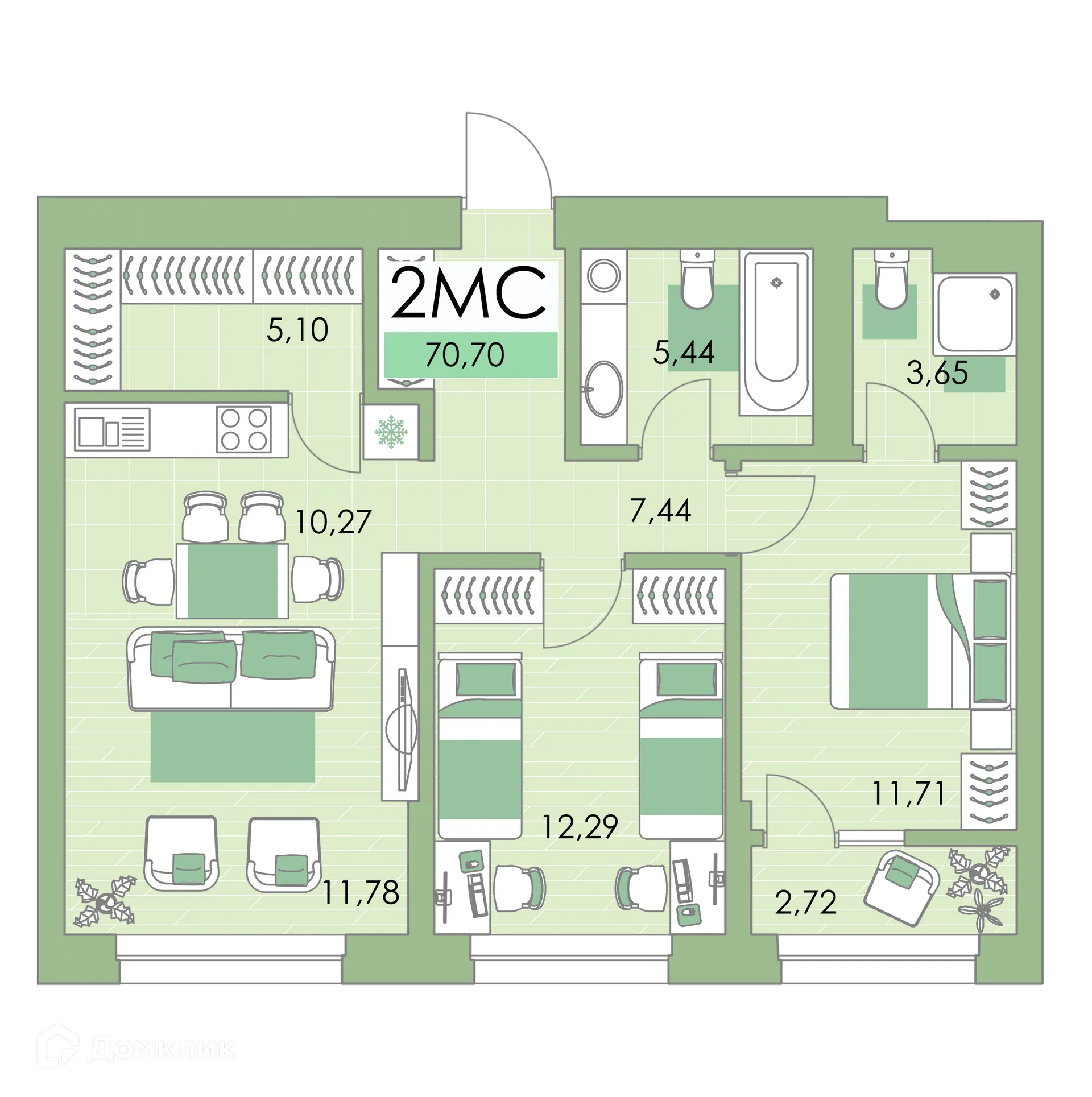 Планировка 2-комнатной квартиры 69.4 м² в ЖК Квартал Самоцветы, г. Уфа — фото 1