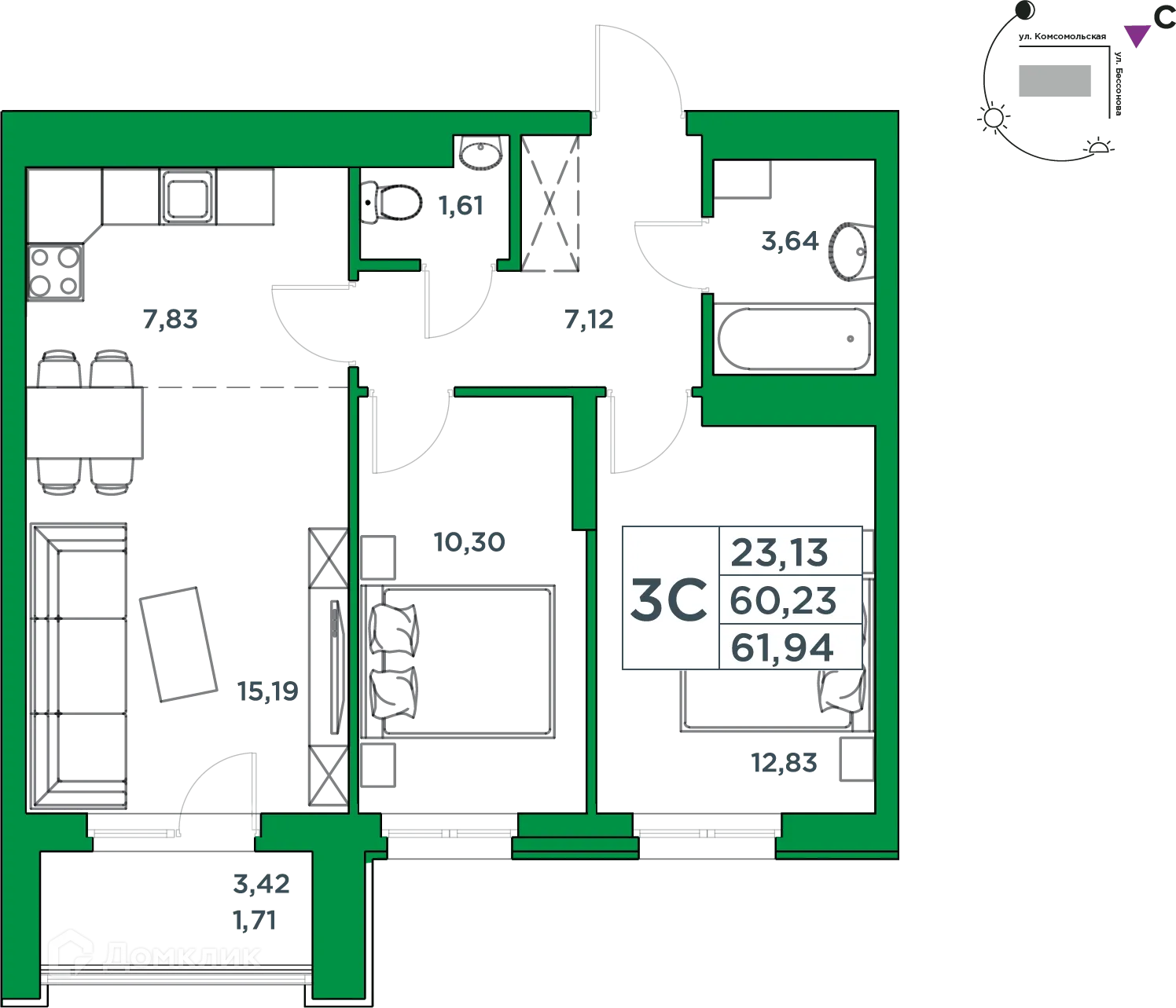 Планировка 2-комнатной квартиры 60.23 м² в ЖК Сапфир, г. Уфа — фото 1