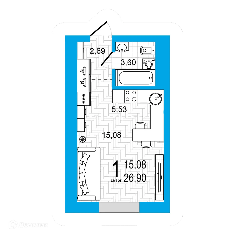 Планировка 1-комнатной квартиры 26.9 м² в ЖК Эдисон, г. Уфа — фото 2