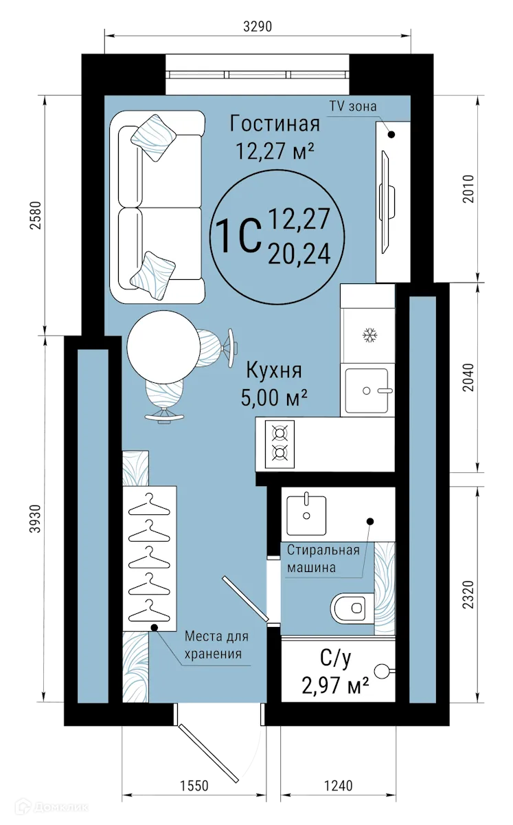 Планировка 1-комнатной квартиры 20.24 м² в ЖК VETER (Ветер), г. Уфа — фото 1