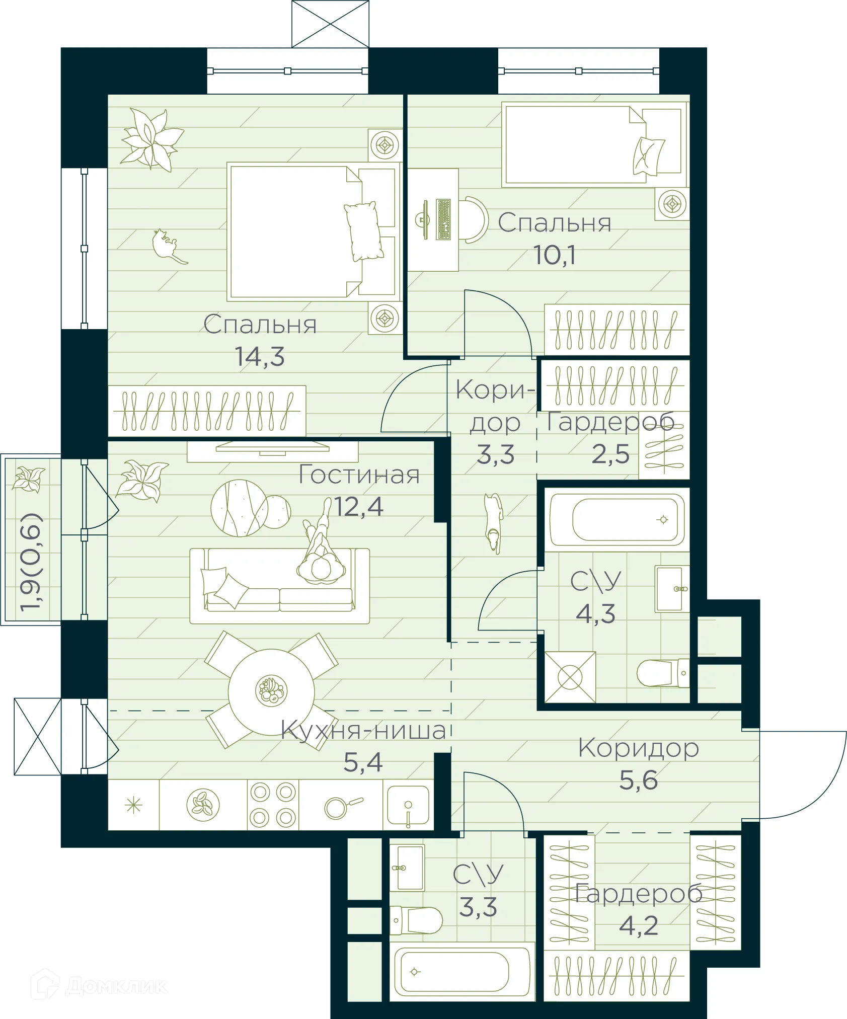 Планировка 3-комнатной квартиры 66 м² в ЖК URMAN Сity (Урман Сити), г. Уфа — фото 1
