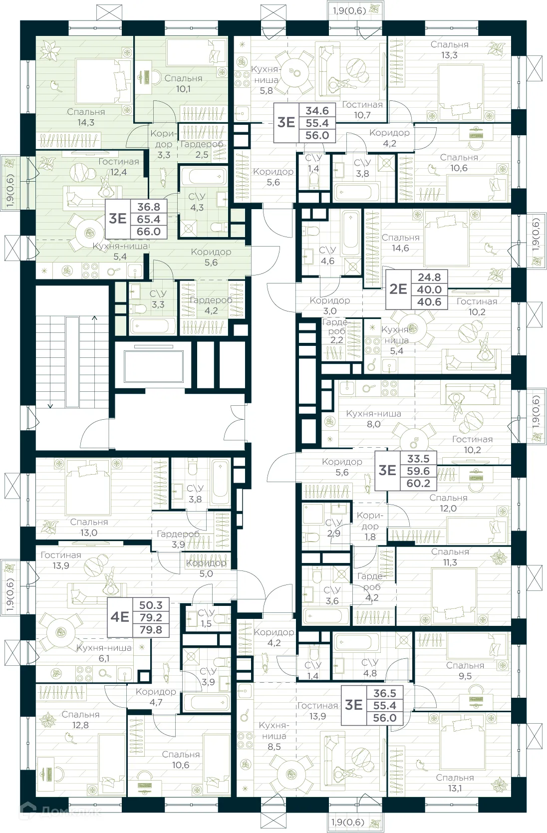 Планировка 3-комнатной квартиры 66 м² в ЖК URMAN Сity (Урман Сити), г. Уфа — фото 2