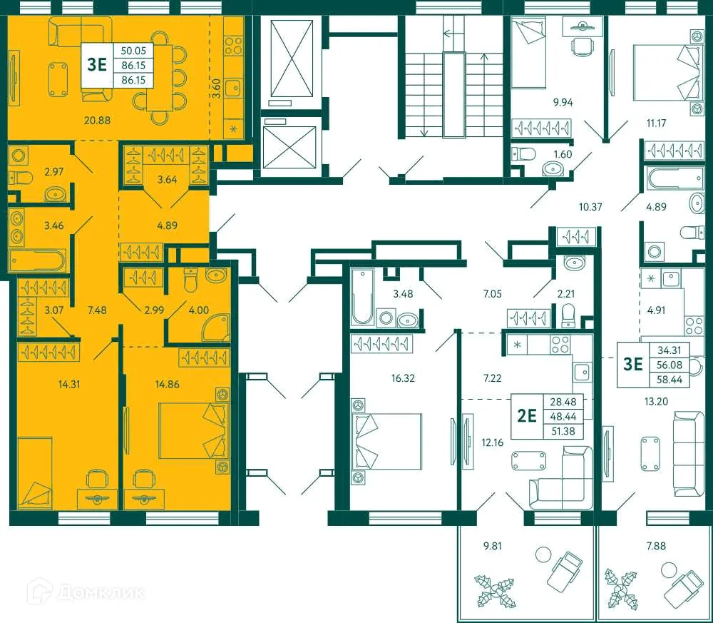 Планировка 2-комнатной квартиры 86.15 м² в ЖК Terle park (Терле Парк), г. Уфа — фото 2