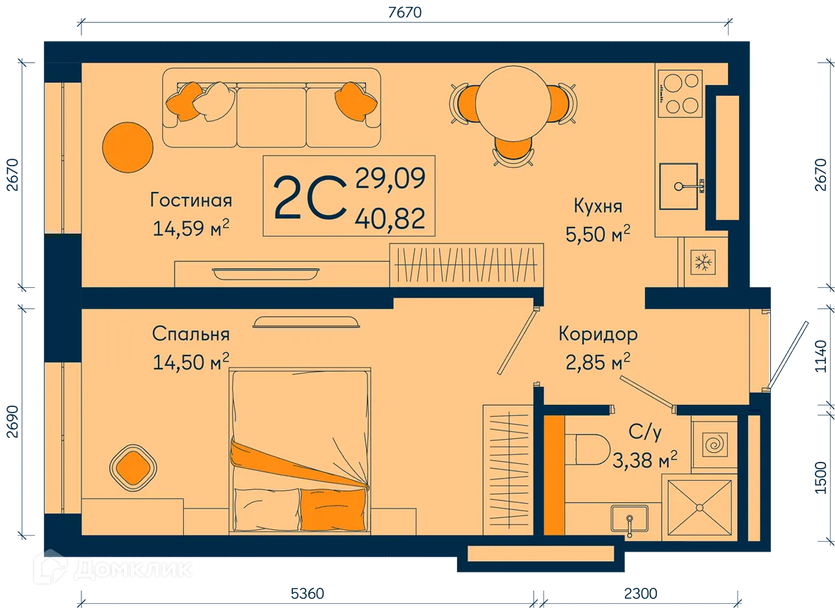 Планировка 2-комнатной квартиры 40.82 м² в ЖК РИВЕР, г. Уфа — фото 1