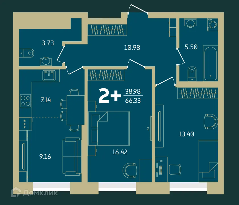 Планировка 2-комнатной квартиры 66.33 м² в Централ парк, г. Уфа — фото 1