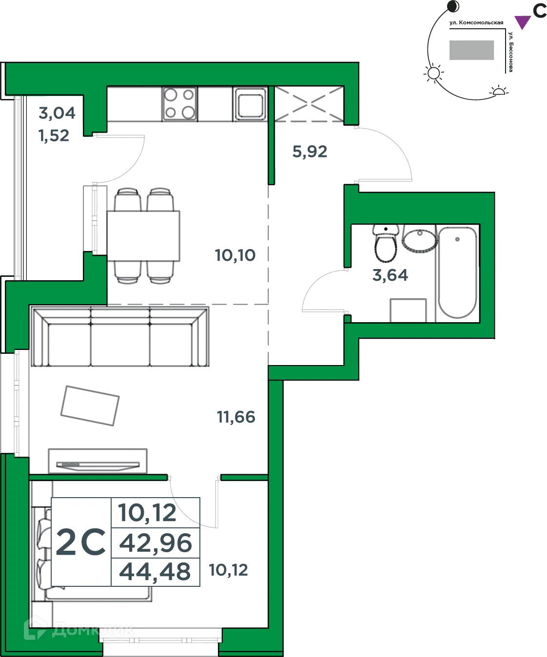 Планировка 1-комнатной квартиры 42.96 м² в ЖК Сапфир, г. Уфа — фото 1
