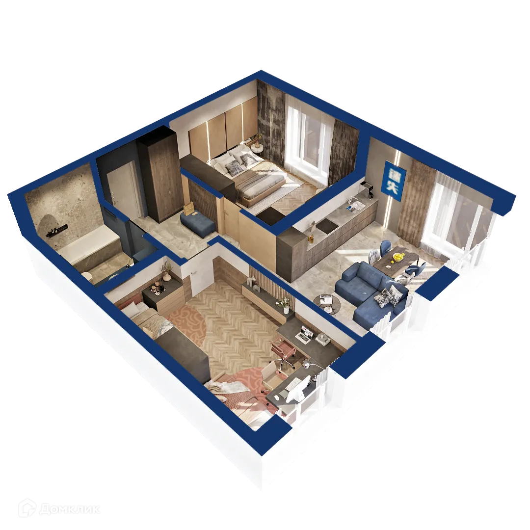 Планировка 2-комнатной квартиры 63.51 м² в ЖК Вершина, г. Уфа — фото 1