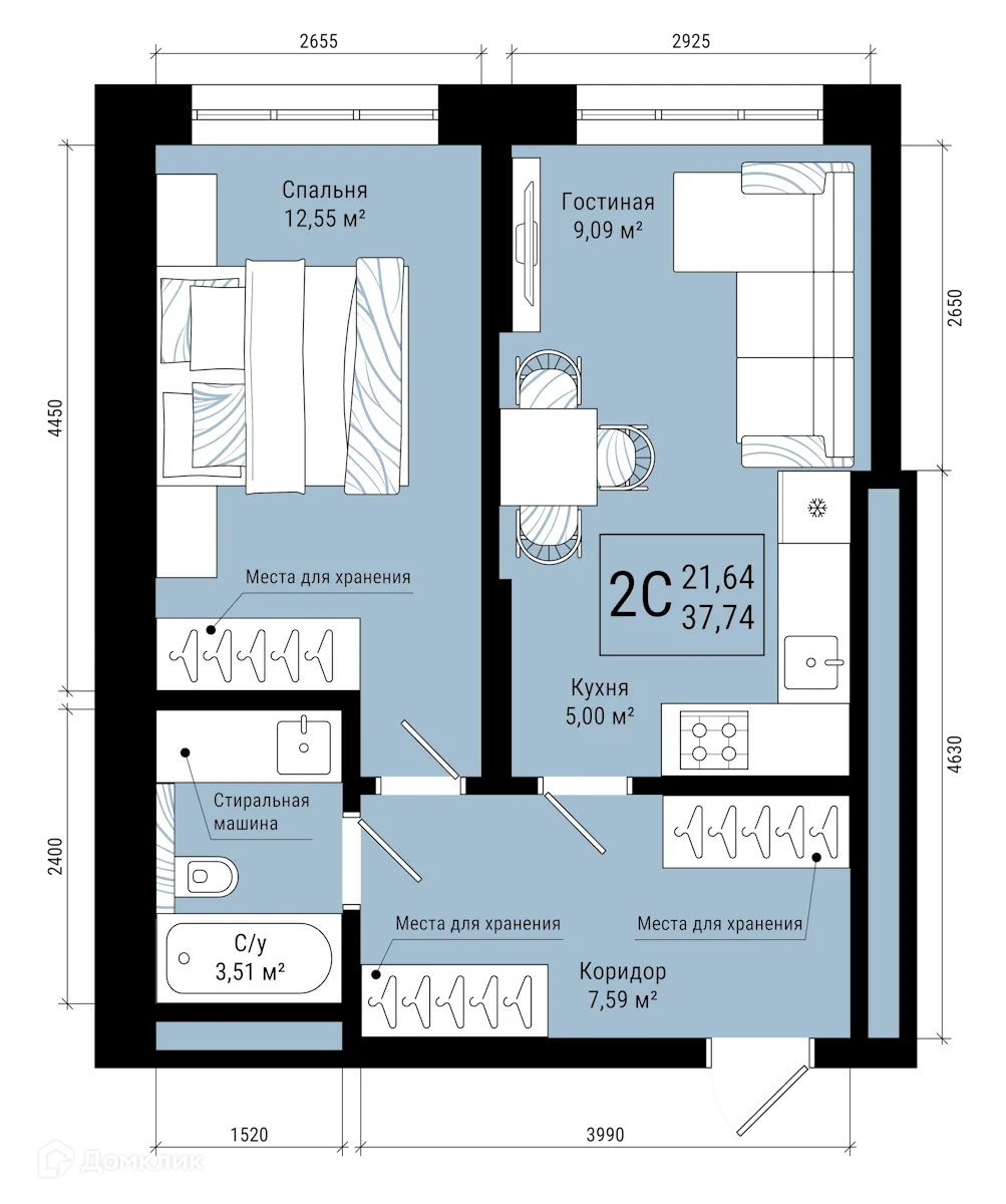 Планировка 2-комнатной квартиры 37.74 м² в ЖК VETER (Ветер), г. Уфа — фото 1