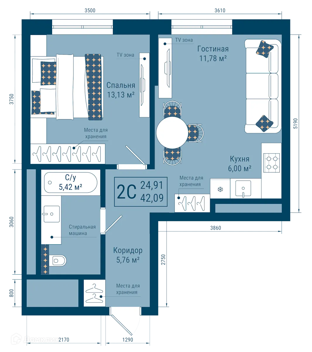 Планировка 2-комнатной квартиры 42.09 м² в ЖК THE SKY (СКАЙ), г. Уфа — фото 1