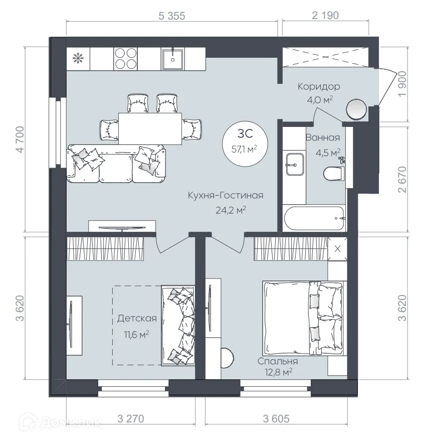 Планировка 3-комнатной квартиры 57.1 м² в ЖК "Le CRISTAL" (Ле Кристал), г. Уфа — фото 1
