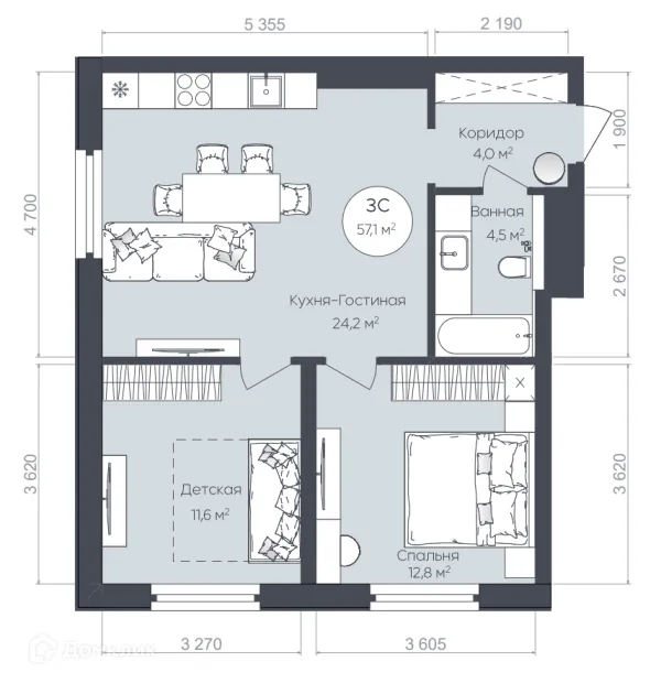 Планировка 3 комн. в ЖК "Le CRISTAL" (Ле Кристал)
