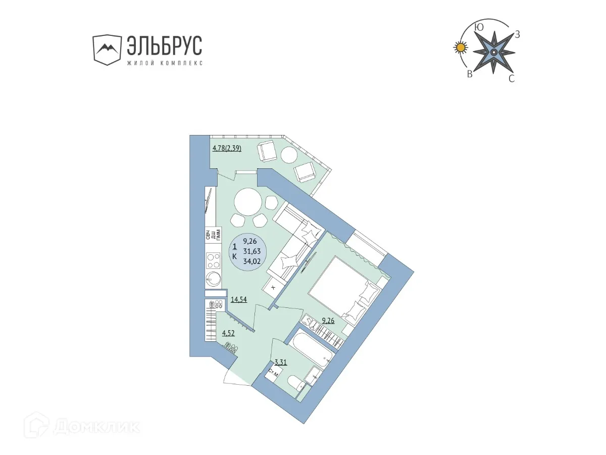Планировка 1-комнатной квартиры 34.02 м² в ЖК Эльбрус, г. Уфа — фото 1