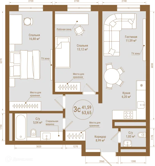 Планировка 3 комн. в ЖК THE PRIME