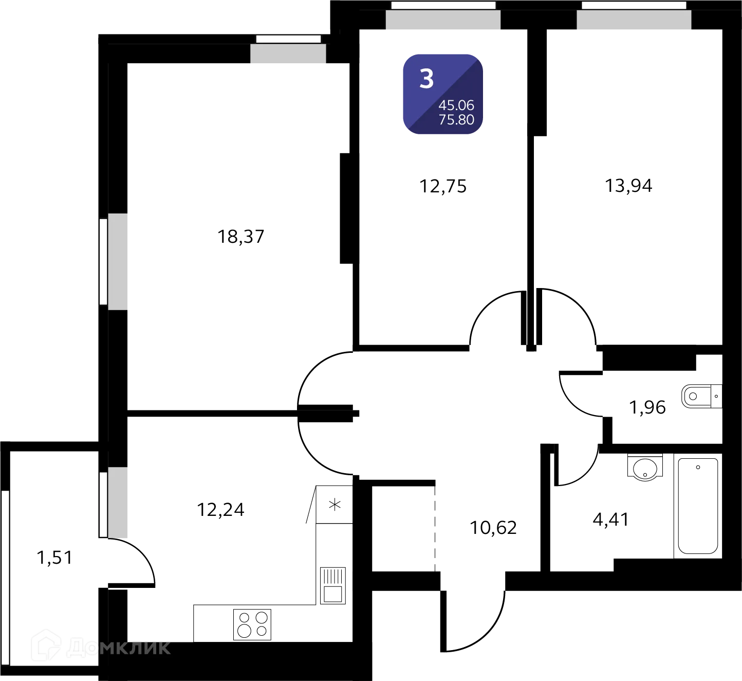 Планировка 3-комнатной квартиры 75.8 м² в ЖК Черника, г. Уфа — фото 1