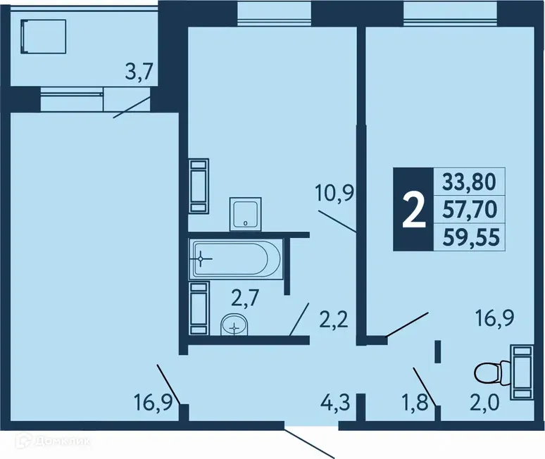 Планировка 2-комнатной квартиры 59.55 м² в ЖК "Новая Дема", г. Уфа — фото 1