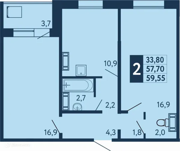 Планировка 2 комн. в ЖК "Новая Дема"