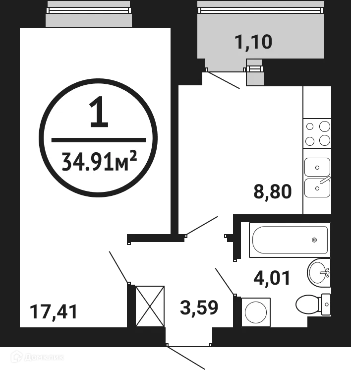 Планировка 1-комнатной квартиры 34.91 м² в ЖК Цветы Башкирии, г. Уфа — фото 1