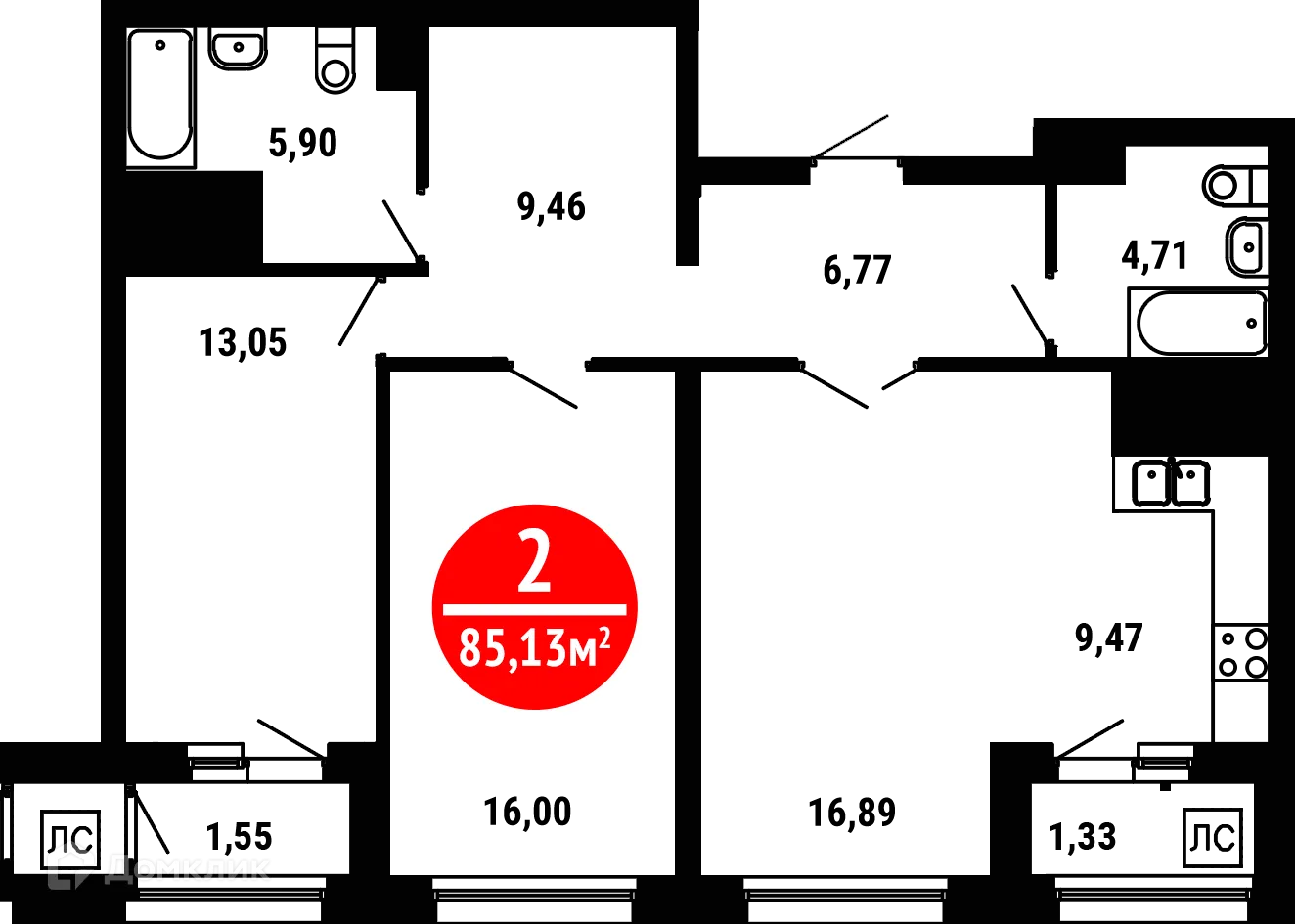 Планировка 2-комнатной квартиры 84.7 м² в ЖК 8 МАРТА, г. Уфа — фото 1