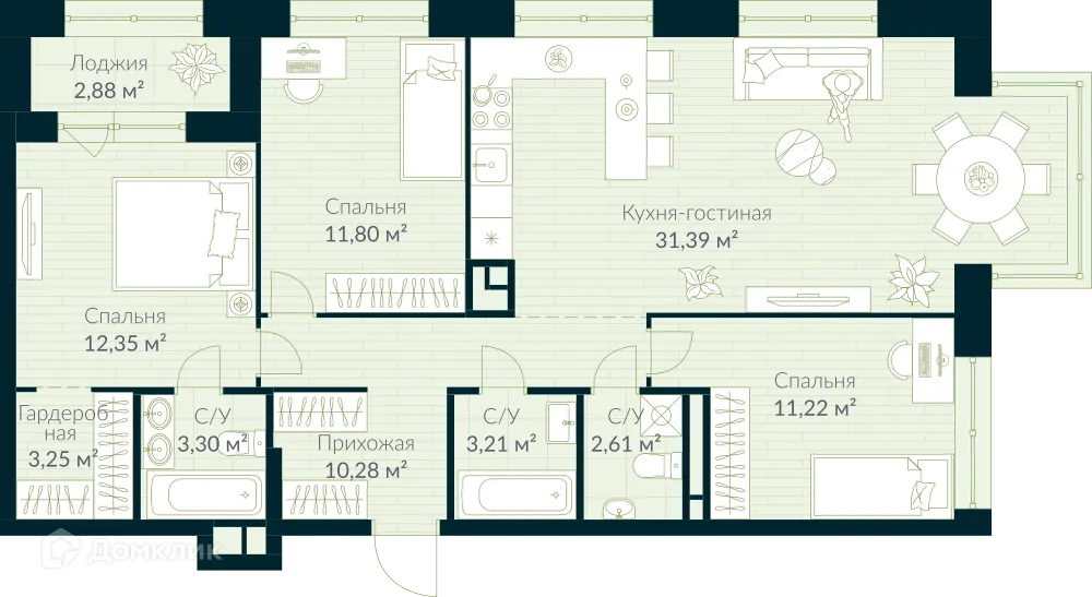 Планировка 4-комнатной квартиры 90.85 м² в ЖК URMAN Сity (Урман Сити), г. Уфа — фото 1