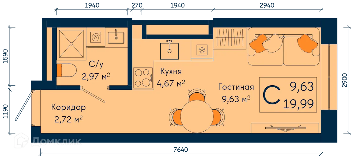 Планировка студии квартиры 19.99 м² в ЖК РИВЕР, г. Уфа — фото 1
