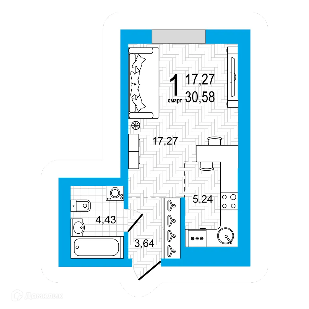 Планировка 1-комнатной квартиры 30.58 м² в ЖК Эдисон, г. Уфа — фото 1