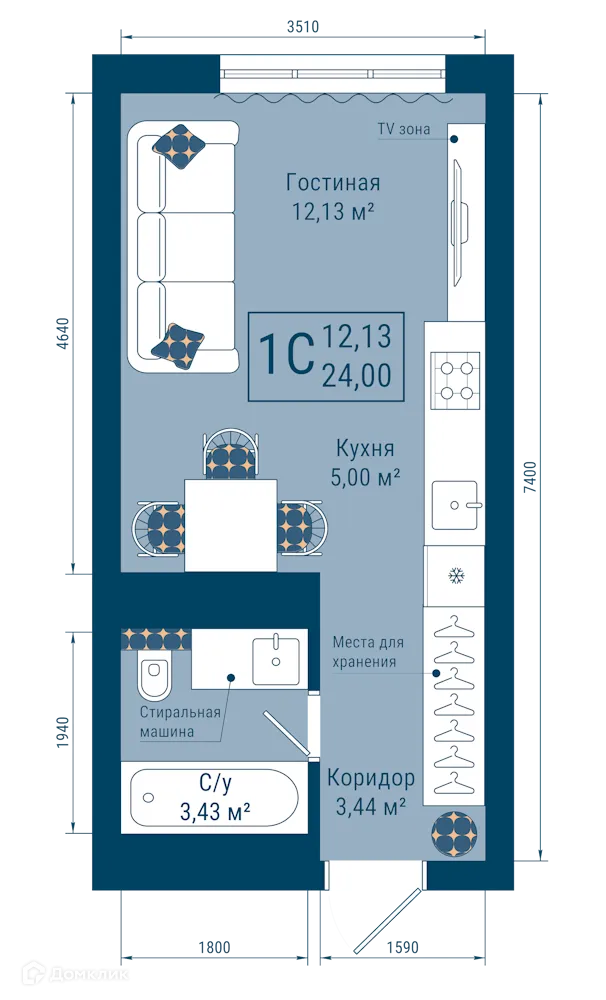 Планировка 1-комнатной квартиры 24 м² в ЖК THE SKY (СКАЙ), г. Уфа — фото 1