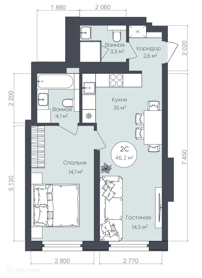 Планировка 2-комнатной квартиры 46.2 м² в ЖК "Le CRISTAL" (Ле Кристал), г. Уфа — фото 1