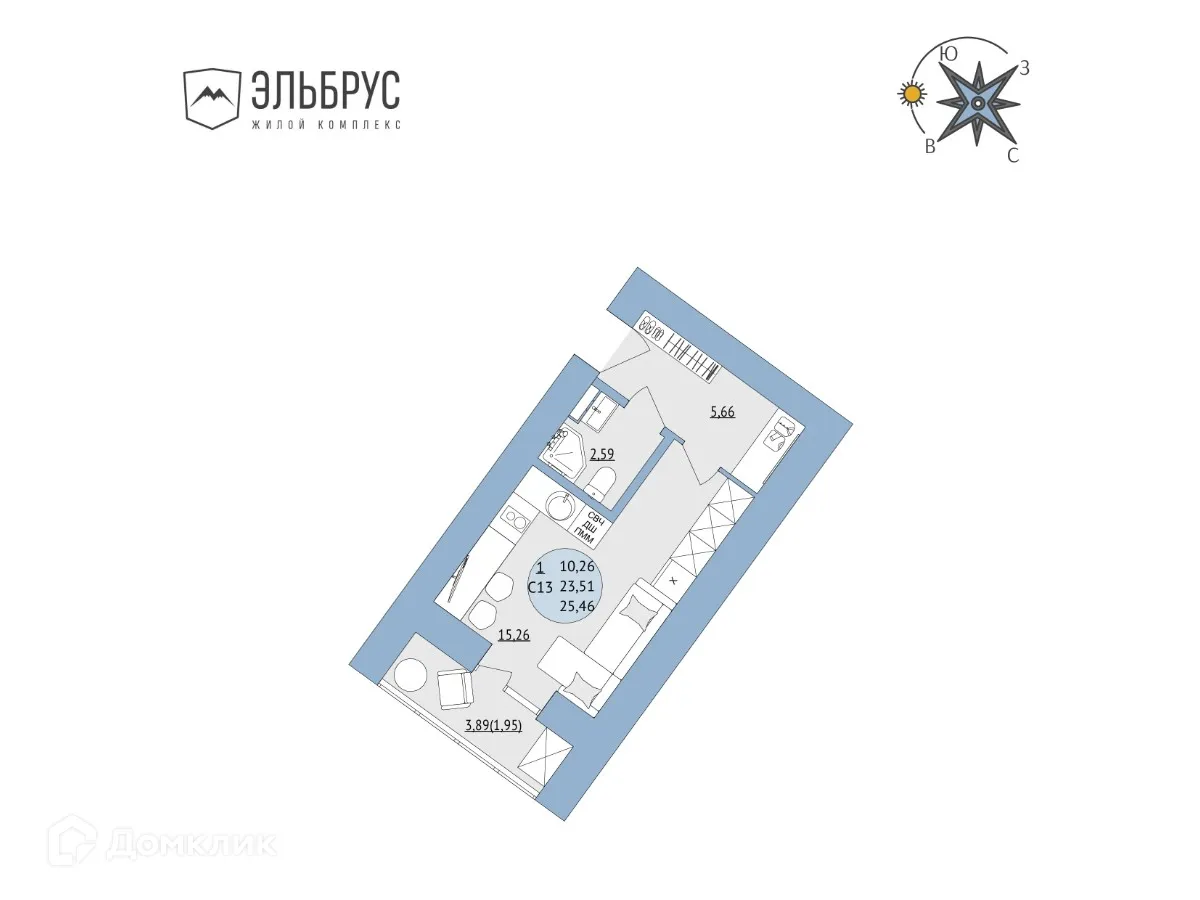 Планировка студии квартиры 25.46 м² в ЖК Эльбрус, г. Уфа — фото 1