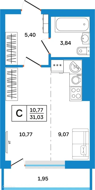 Планировка студии квартиры 31.03 м² в ЖК Некрасовский, г. Уфа — фото 1