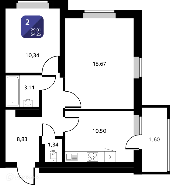 Планировка 2-комнатной квартиры 54.26 м² в ЖК Черника, г. Уфа — фото 1