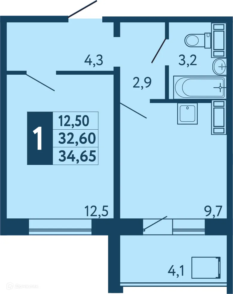 Планировка 1-комнатной квартиры 34.65 м² в ЖК "Новая Дема", г. Уфа — фото 1