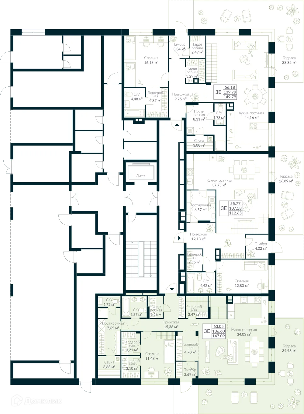 Планировка 3-комнатной квартиры 147.09 м² в ЖК URMAN Сity (Урман Сити), г. Уфа — фото 2