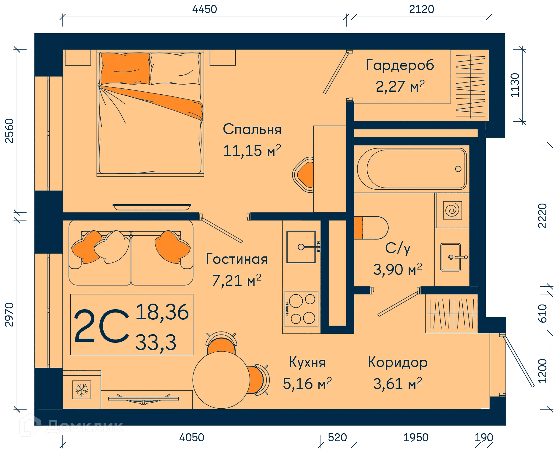 Планировка 2-комнатной квартиры 33.3 м² в ЖК РИВЕР, г. Уфа — фото 1