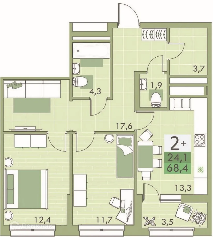 Планировка 2-комнатной квартиры 66.6 м² в ЖК Квартал Самоцветы, г. Уфа — фото 2
