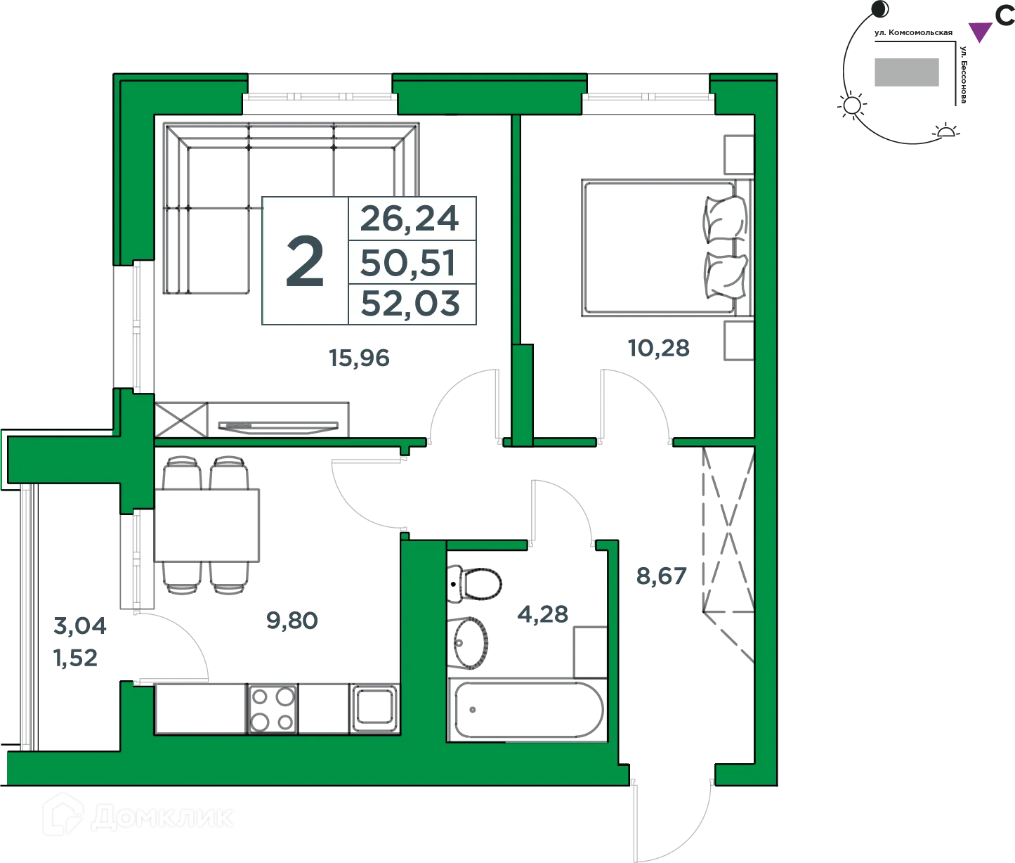 Планировка 2-комнатной квартиры 50.51 м² в ЖК Сапфир, г. Уфа — фото 1