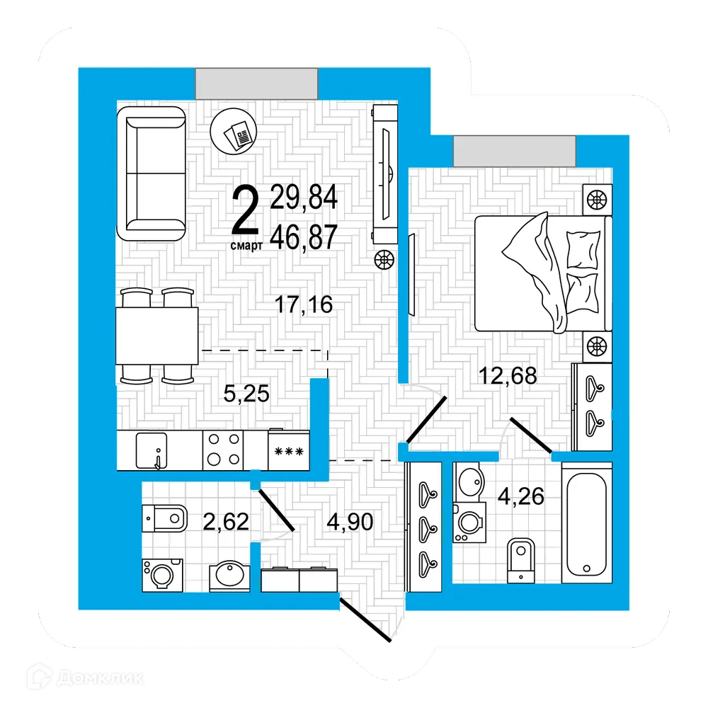 Планировка 1-комнатной квартиры 46.87 м² в ЖК Эдисон, г. Уфа — фото 2