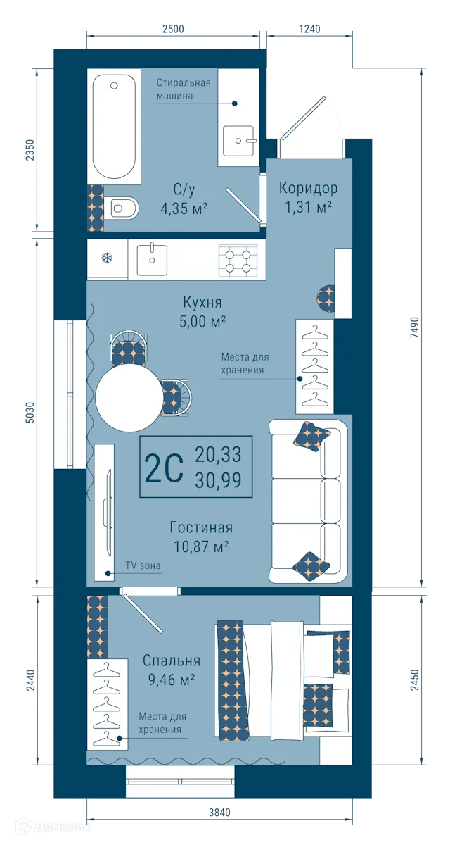 Планировка 2-комнатной квартиры 30.99 м² в ЖК THE SKY (СКАЙ), г. Уфа — фото 1