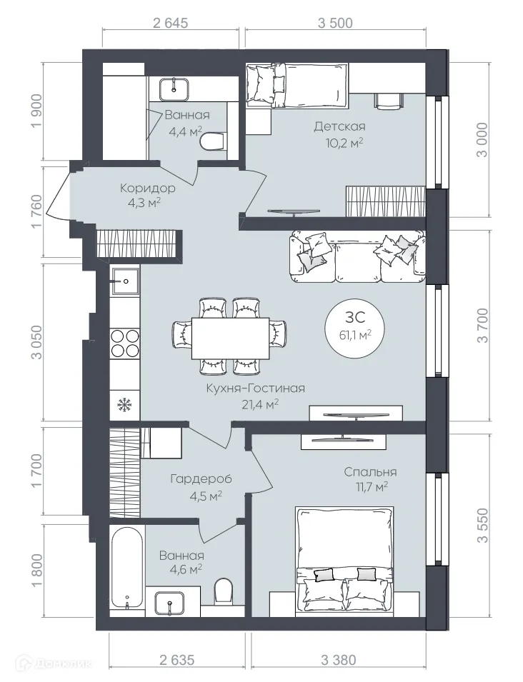 Планировка 3-комнатной квартиры 61.1 м² в ЖК "Le CRISTAL" (Ле Кристал), г. Уфа — фото 1