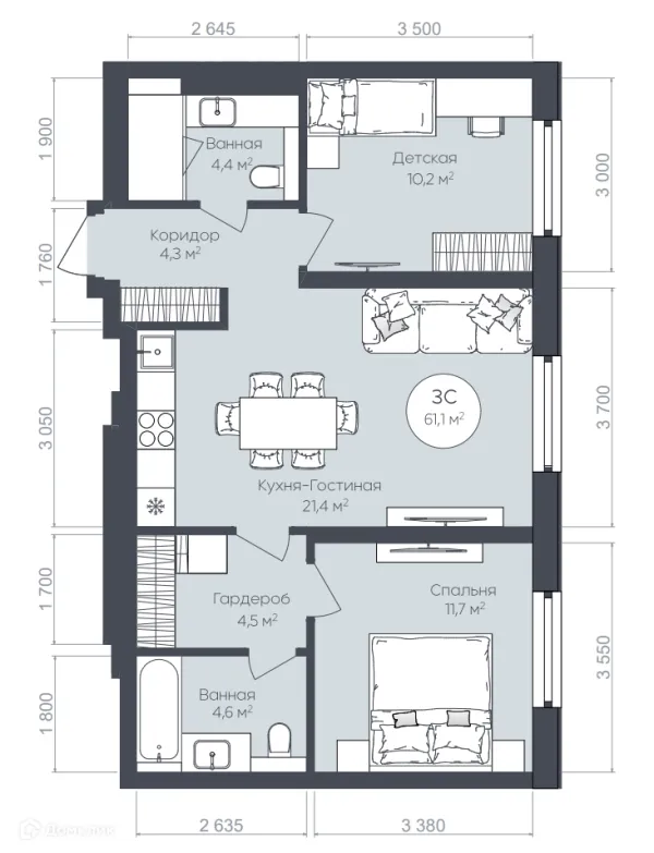 Планировка 3 комн. в ЖК "Le CRISTAL" (Ле Кристал)