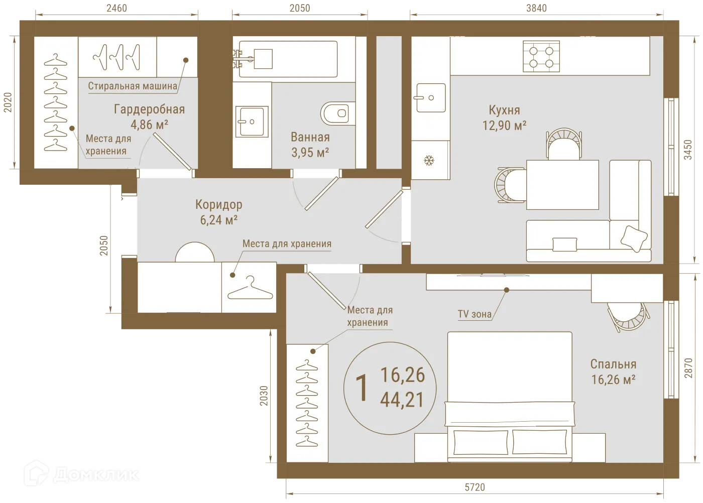 Планировка 1-комнатной квартиры 44.21 м² в ЖК THE PRIME, г. Уфа — фото 1