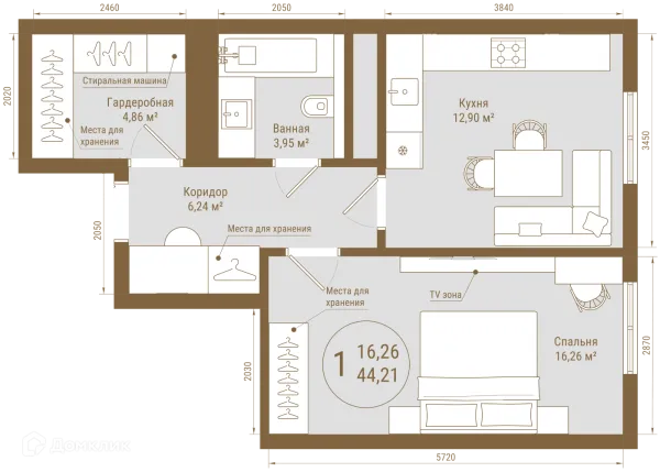 Планировка 1 комн. в ЖК THE PRIME