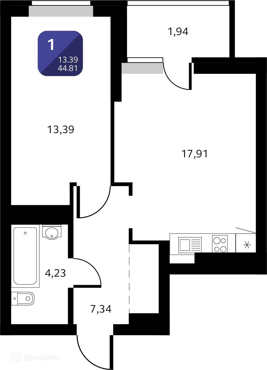 Планировка 1-комнатной квартиры 44.81 м² в ЖК Черника, г. Уфа — фото 1